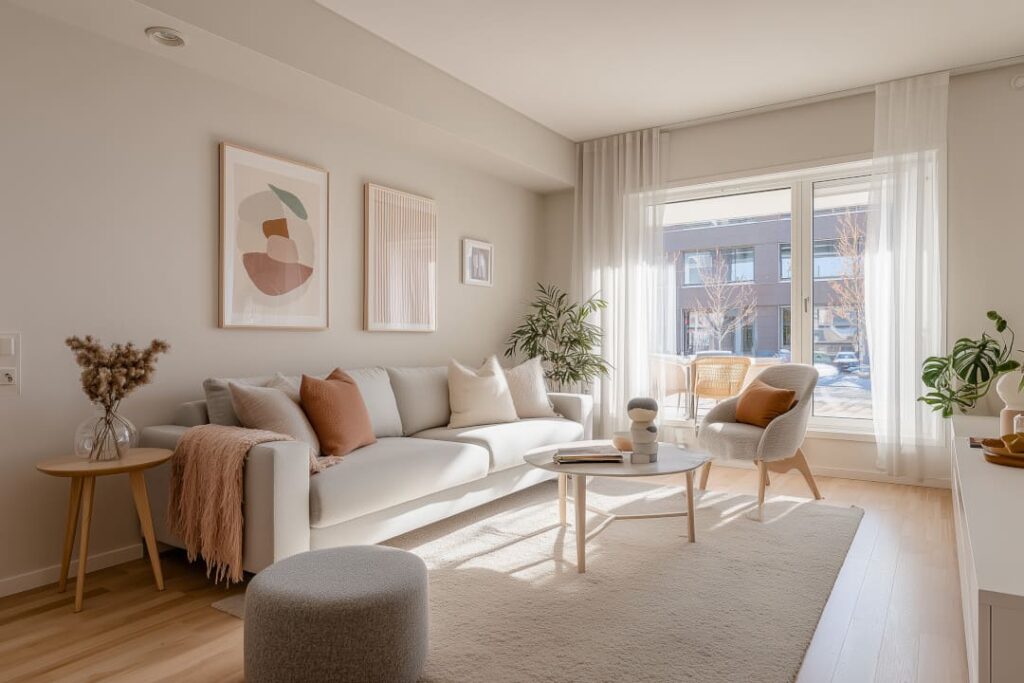 Modern eingerichtetes Wohnzimmer mit Sofa, Sesseln und Dekoration – komplette Wohnberatung für eine möblierte Wohnung