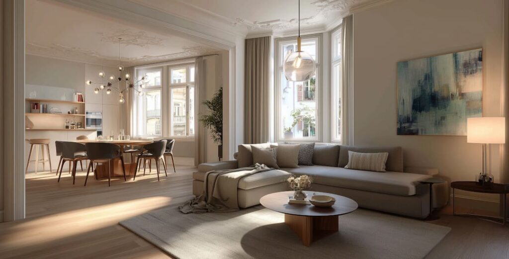 Einrichtungsberatung für eine frisch renovierte Altbauwohnung in Basel – professionelle Inneneinrichtung Beratung mit warmen Farbtönen, eleganten Textilien und ausgewählten Möbelstücken für ein modernes Zuhause