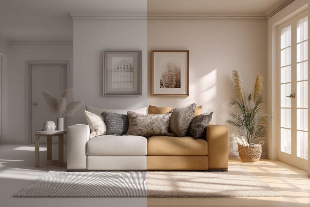 Vorher-Nachher-Darstellung eines Wohnzimmers: links neutral und schlicht, rechts modern eingerichtet mit warmen Farben und Accessoires – Symbol für gelungene Raumgestaltung und Wohnberatung