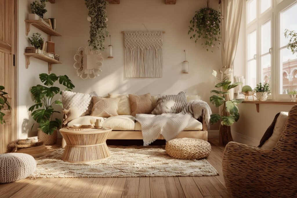 Helles Boho-Wohnzimmer mit Naturmaterialien, Rattanmöbeln, Makramee-Wanddekoration und gemütlichen Textilien in warmen Naturtönen