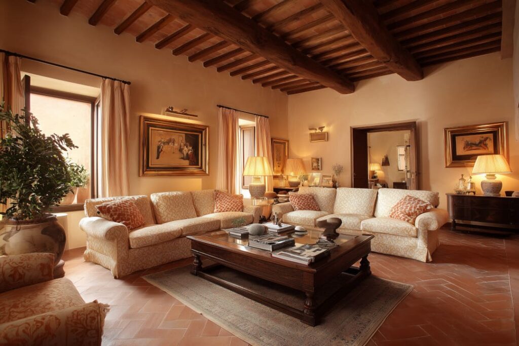 Wohnzimmer im italienischen Einrichtungsstil mit Terrakotta-Bodenfliesen, Holzbalken-Decke, klassischen Sofas und schweren Holzmöbeln in warmen Erdtönen