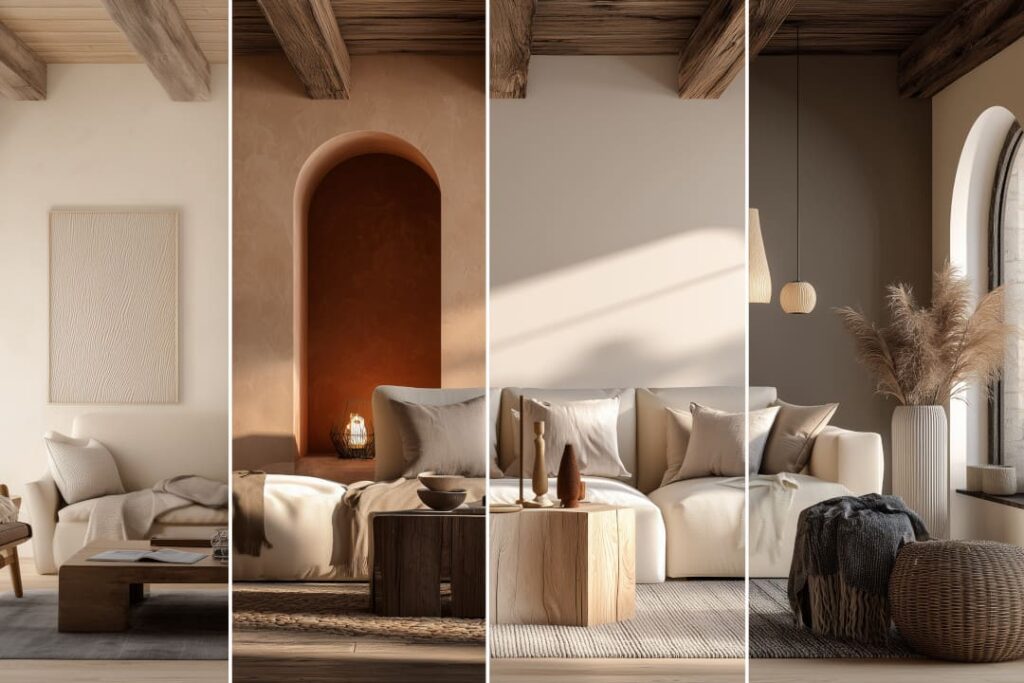 Wohnzimmer im Vergleich verschiedener Einrichtungsstile – von skandinavisch bis modern, mit unterschiedlichen Farben, Materialien und Dekorationen – Beispiel für individuelle Raumgestaltung und Wohnberatung