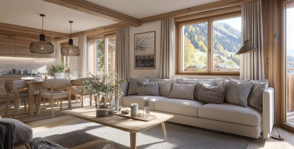 Gemütliche Ferienwohnung im Berner Oberland, möbliert mit regionalen Akzenten, komfortablen Möbeln und stilvoller Ausstattung