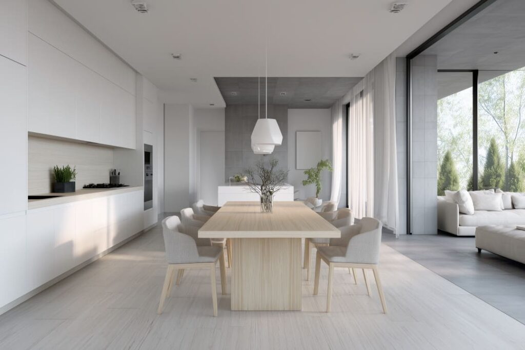 Minimalistisches Wohn- und Esszimmer mit offener Küche, heller Raum mit klaren Linien, Holztisch und modernen Stühlen, viel Tageslicht und reduzierter Einrichtung