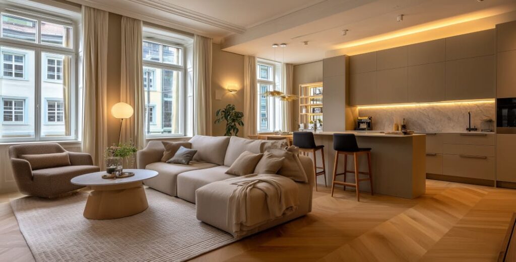 Modernisierte Altbauwohnung in Basel: Kombination aus warmem Holzboden, dezenter Wandfarbe, neuer Küche und gezielten Lichtakzenten – Renovation mit Charakter