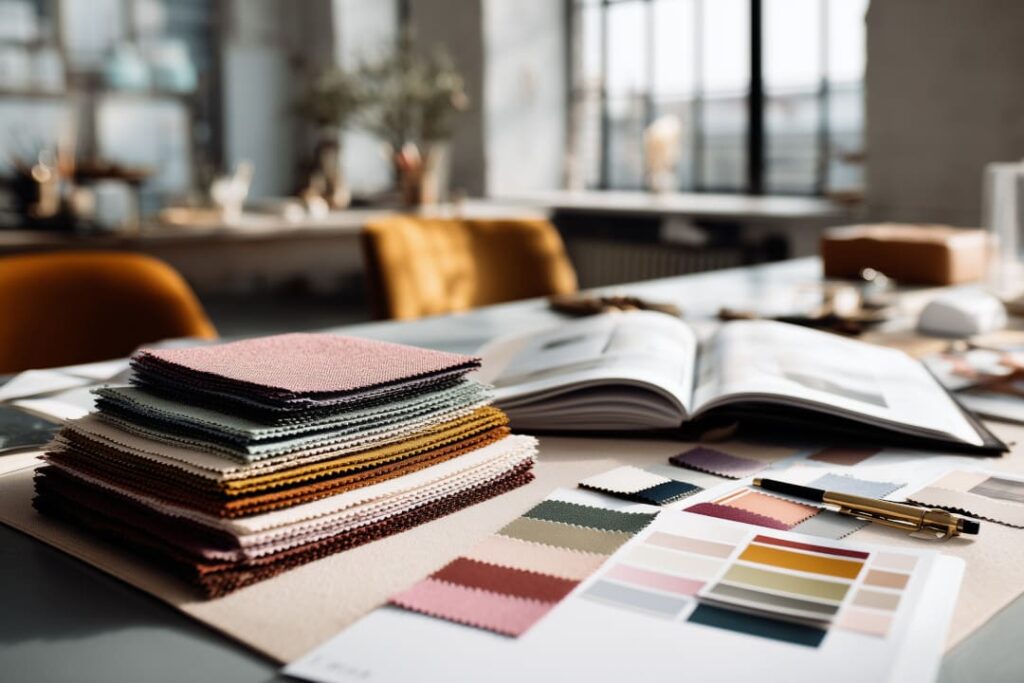 Tisch mit Stoff- und Farbmusterkarten, Magazinen und Inspirationsmaterialien zur Findung des passenden Einrichtungsstils.