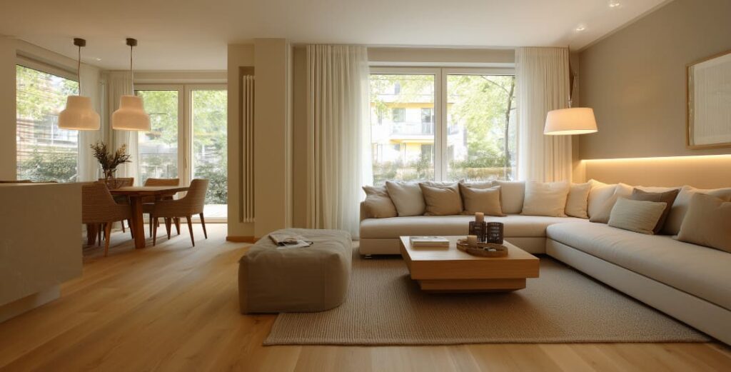 Modernes Einfamilienhaus in Basel: harmonischer Innenausbau mit Holzfußboden, neutralen Farben und stimmigem Beleuchtungskonzept – vom Rohbau zum Wohntraum.