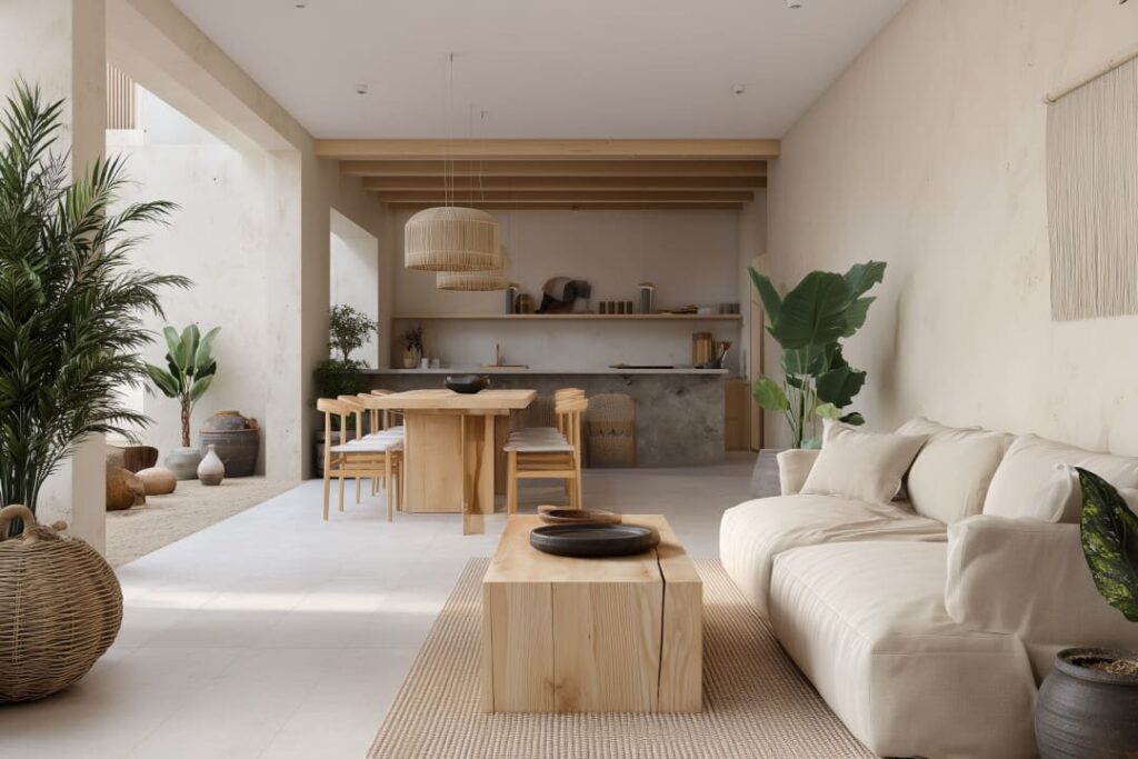 Helles Wohnzimmer mit angrenzendem Essbereich im modernen Wabi-Sabi-Stil, mit naturbelassenen Holzmöbeln, beiger Leinen-Couch, schlichten Keramikvasen und minimalistischer Dekoration