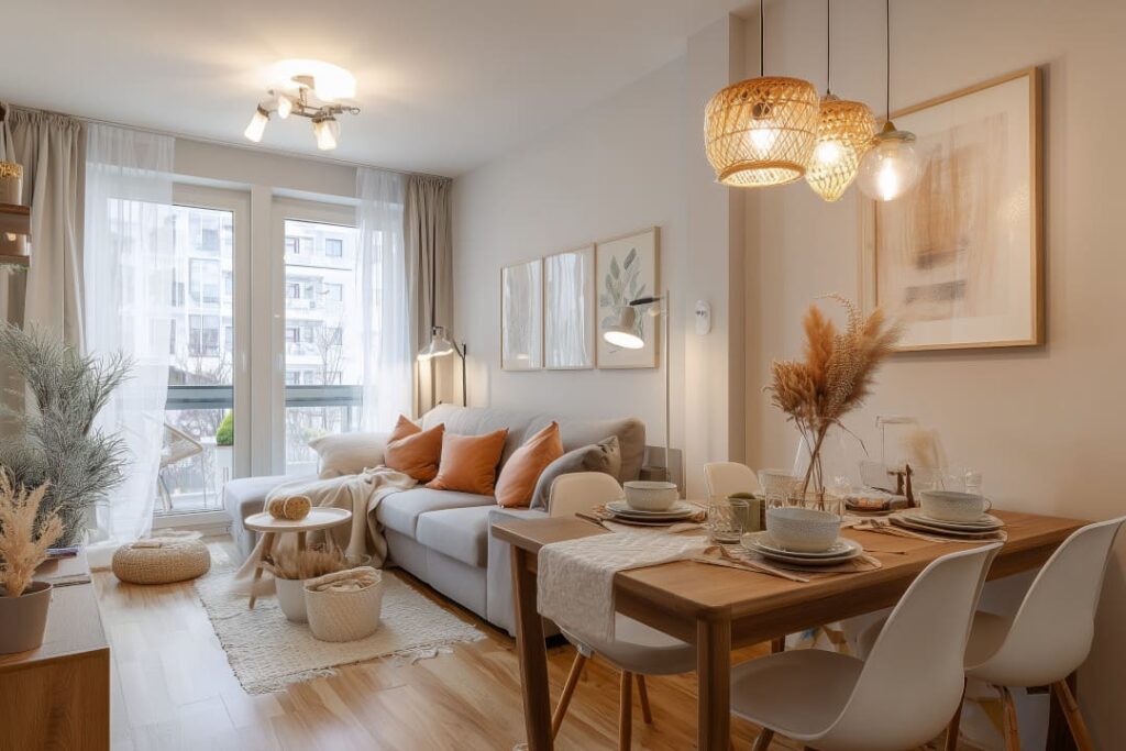Modern eingerichtete Wohnung mit Essbereich und Sofa – Beispiel, wie man eine Wohnung einrichten lassen kann, sodass Gäste sofort einziehen können. Ideal für möblierte Apartments oder wenn man ein Haus einrichten lassen möchte.