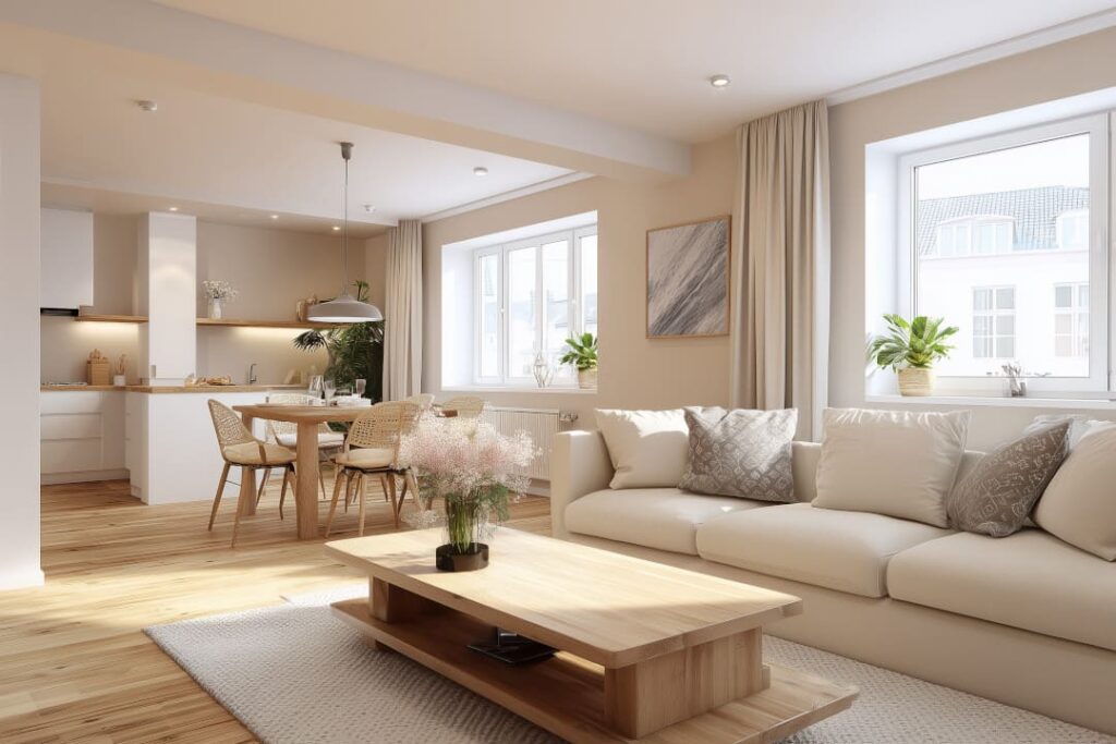 Eine stilvoll eingerichtete Wohnung mit Essbereich und Sofa verdeutlicht, wie sich das Wohnung einrichten lassen von anderen Projekten unterscheidet. Hier geht es um funktionale, zeitlose Einrichtung, die sowohl für Wohnungen als auch für Häuser geeignet ist, wenn man ein Haus einrichten lassen möchte.