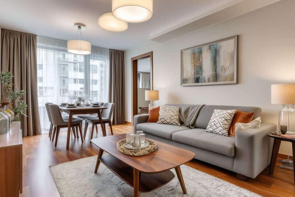 Ein stilvolles Wohnzimmer zeigt die Vorteile, wenn man eine Wohnung einrichten lassen möchte: durchdachte Ausstattung, modernes Design und harmonische Einrichtung. Perfekt für alle, die ihre Wohnung oder ihr Haus einrichten lassen und sofort bezugsfertig haben möchten.