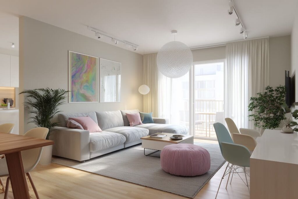 Helles, modern eingerichtetes Wohnzimmer mit harmonisch aufeinander abgestimmten Farben, Möbeln und Accessoires, das eine gemütliche und ausgewogene Atmosphäre vermittelt.