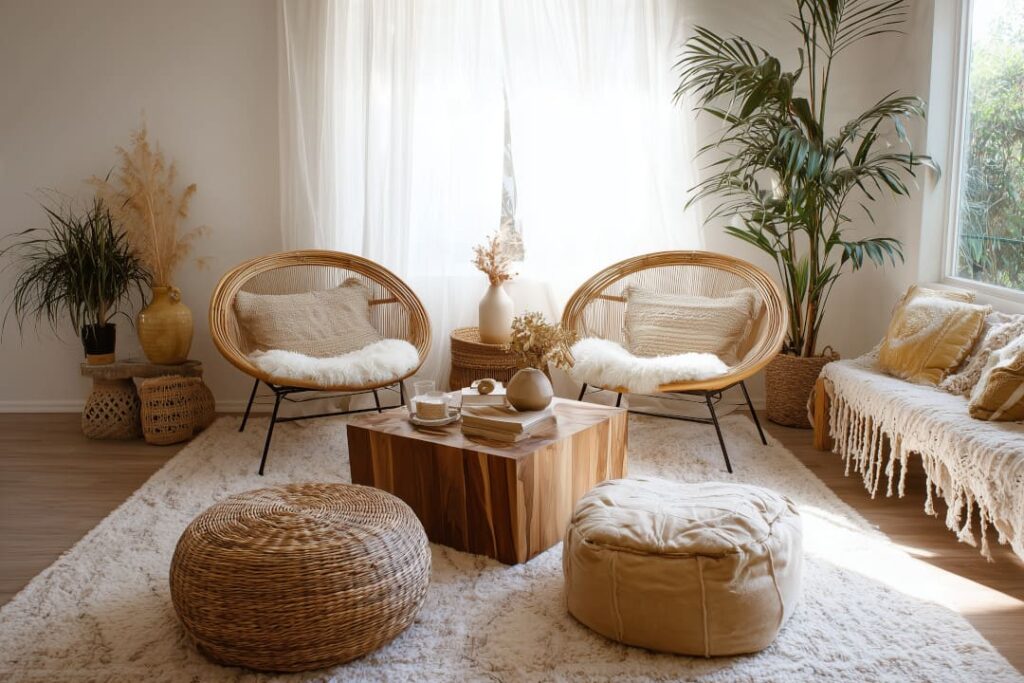 Boho Einrichtungsstil - Wohnzimmer mit runden Rattan-Sesseln, Holztisch, Naturtextilien und Pflanzen in heller, gemütlicher Atmosphäre.