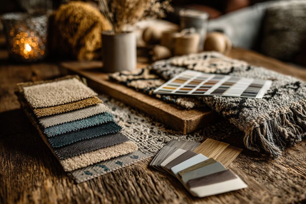 Stoff- und Farbproben im Boho Einrichtungsstil auf Holztisch, mit warmen Texturen und natürlichen Materialien.