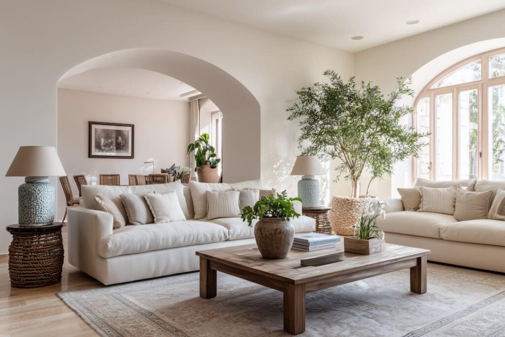 Eleganter Wohnraum im italienischen Stil mit beigen Sofas, Holztisch, Olivenbaum und mediterranen Accessoires.