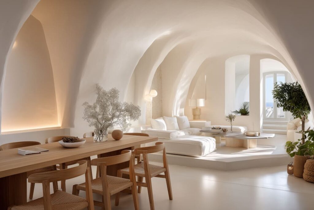 Offenes minimalistisches Wohn- und Esszimmer mit Bogenarchitektur, hellem Sofa und Holztisch.