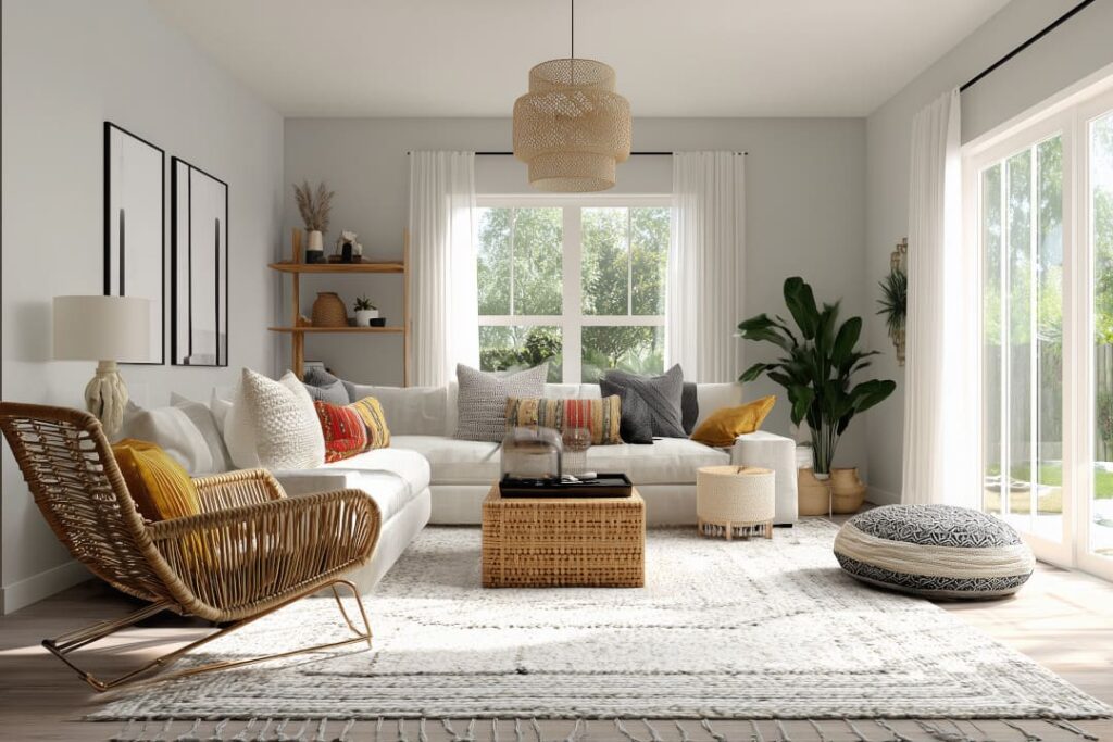 Modernes Boho Wohnzimmer mit hellem Sofa, bunten Kissen, Rattanmöbeln und viel Tageslicht.