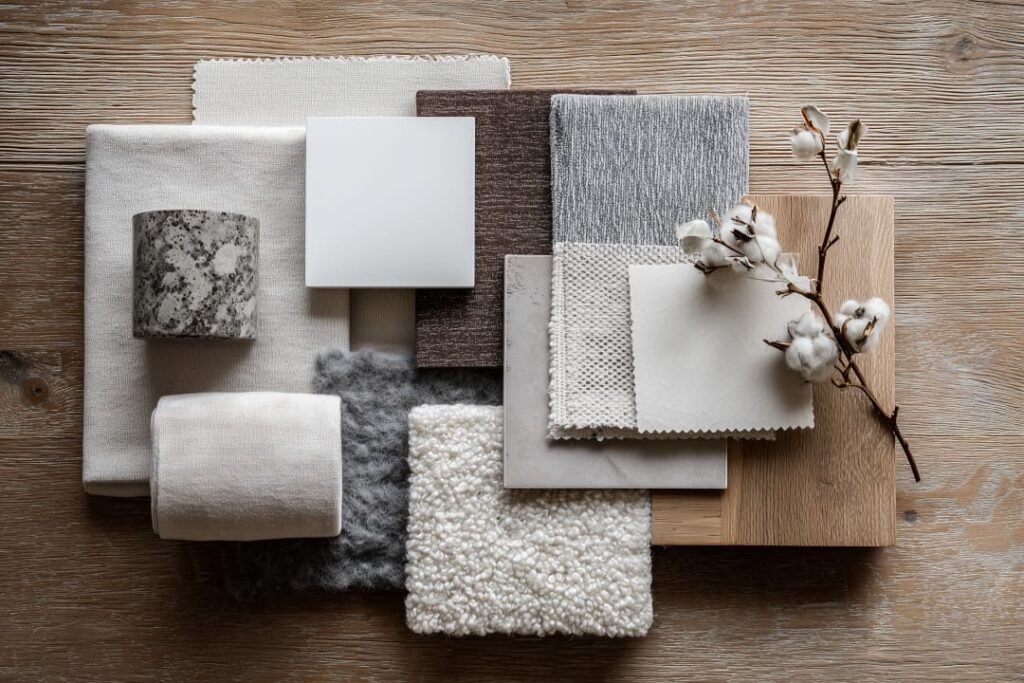 Materialien und Stoffmuster im skandinavischen Einrichtungsstil in neutralen Farben wie Beige, Weiß und Grau.