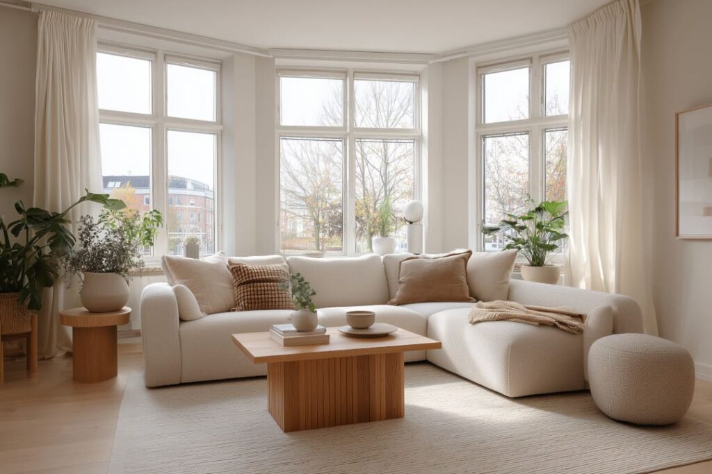 Helles Wohnzimmer - Skandinavischer Einrichtungsstil - grosses Sofa, Holz-Couchtisch und viel Tageslicht.