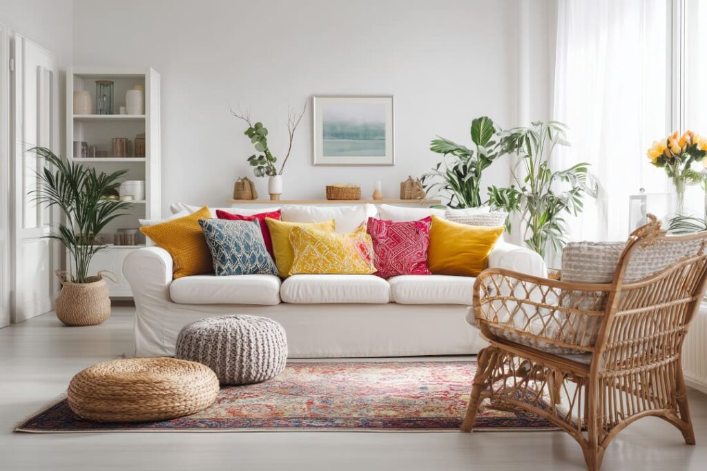 Skandinavischer Einrichtungsstil - Wohnzimmer mit weißen Möbeln, bunten Kissen und natürlichen Akzenten für mehr Lebendigkeit.
