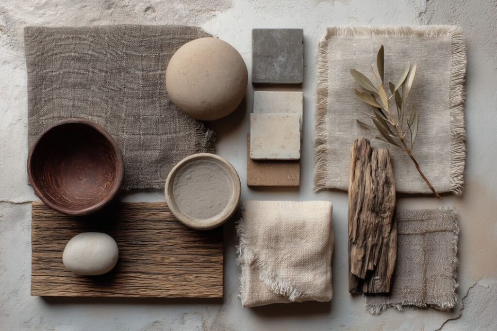 Moodboard fuer Wabi Sabi Einrichtung mit Naturmaterialien wie Leinen, Stein, Holz und gedeckten Erdtoenen.