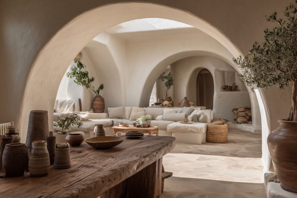 Wabi Sabi Einrichtung mit grosszuegigem Wohnbereich, Rundboegen, Natursteinboden und rustikalem Holztisch.