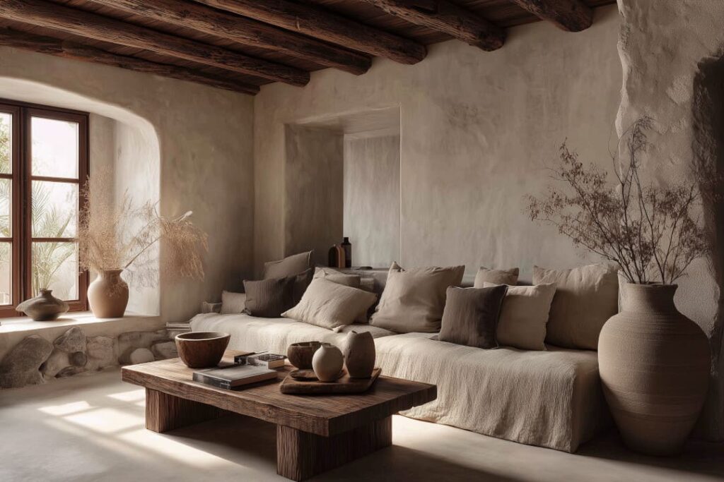 Wabi Sabi Einrichtung im Wohnzimmer mit Leinen-Sofa, rustikalem Holztisch, Keramikvasen und sanften Naturtoenen.